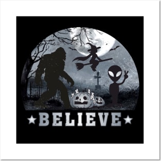 Believe Bigfoot, Aliens Witches Funny Halloween Posters and Art